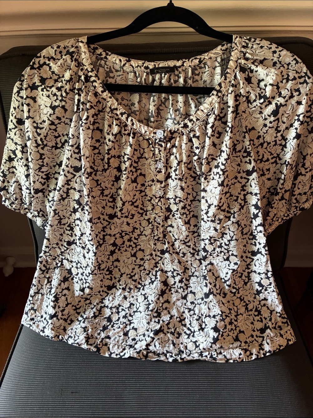 Ann Taylor Black and Cream Floral Top